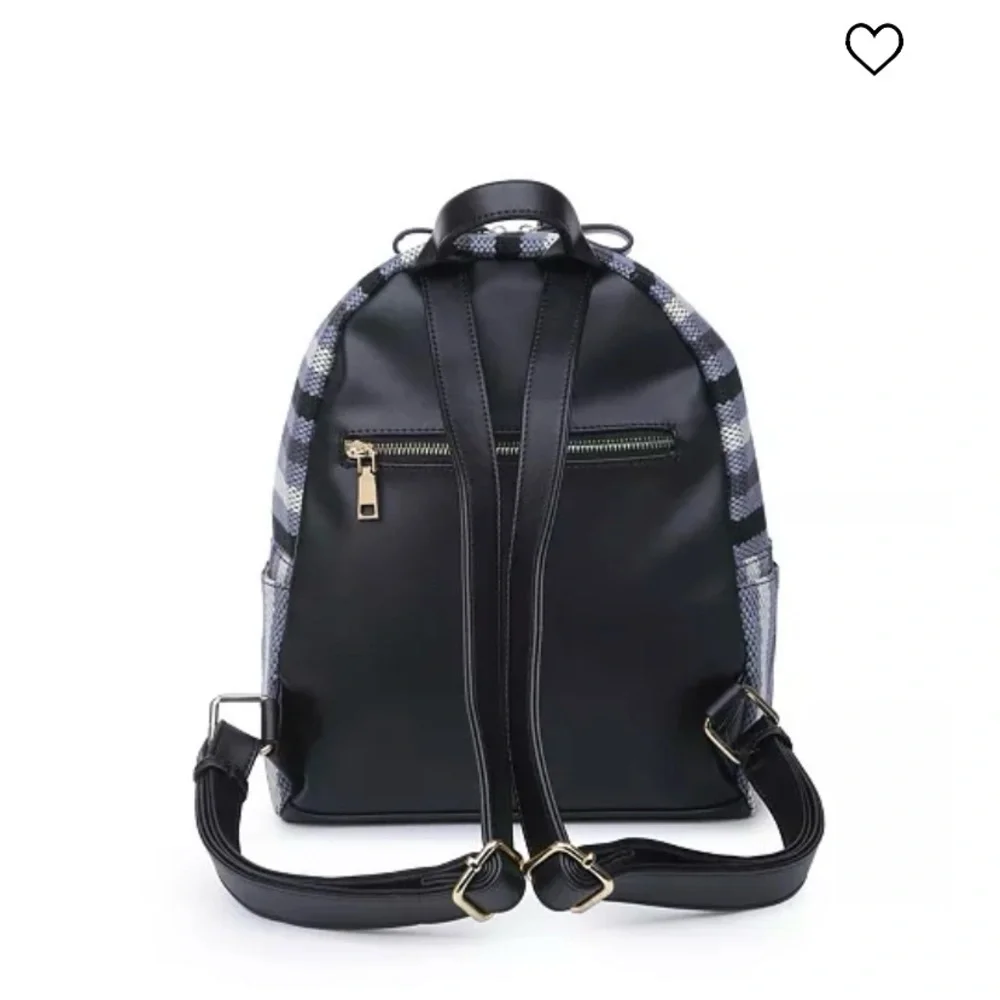 MODA Luxe Trent Backpack Blue Striped Patterned Fabric Faux Leather Travel Bag